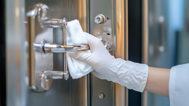 Hands cleaning door handles with wet wipes and gloves for sanitation preventing virus spread in hospitals and public spaces