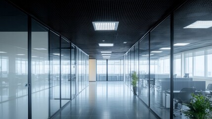 Bright Minimalist Office Space with Glass Walls and Black Ceiling for Modern Workspace Design Creative Environment and Professional Aesthetics