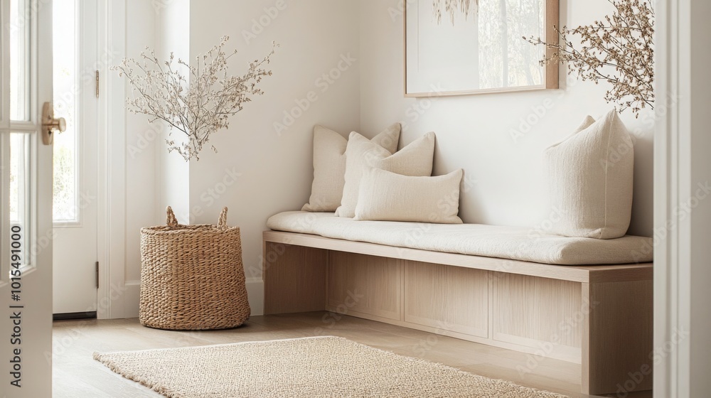 Poster a warm and inviting entryway features a sleek wooden bench adorned with plush pillows, complemented 