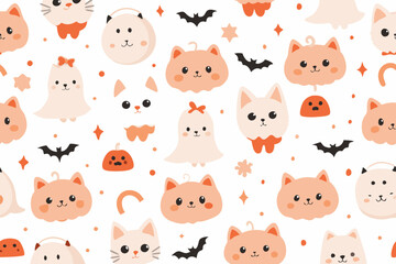  Seamless Pattern Kawaii Cute Cat Ghost Graphic