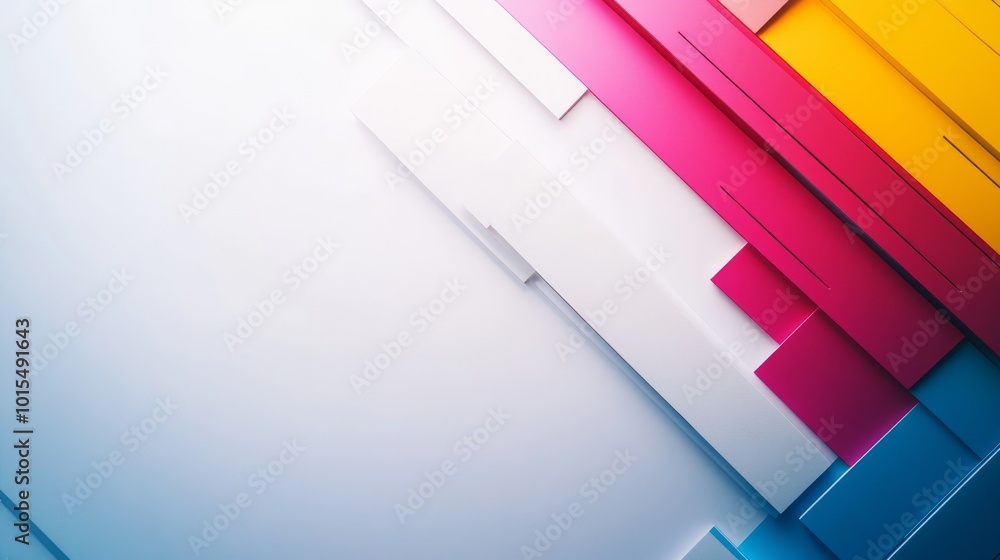 Poster a vibrant arrangement of geometric shapes in red, blue, yellow, and green overlaps against a white b