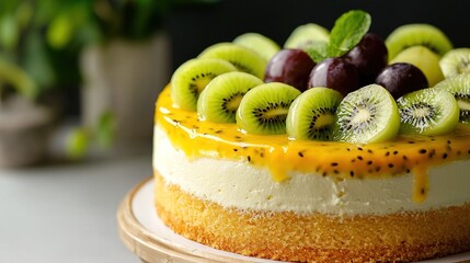   A cake topped with various fruits such as kiwis and grapes on a wooden plate