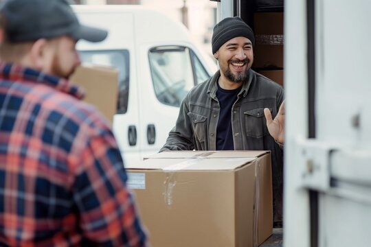 Delivery person wearing blue, red plaid shirt loads brown cardboard box into white delivery truck. Truck parked in parking lot with gray building in background. Delivery person stands next to truck