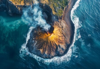 Photorealistic ai image of an aerial view of a volcano on the coast. Generative ai.