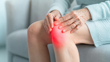 elderly older woman knee joint pain illustration of the bone and red spot of the painful area of the kneecap 