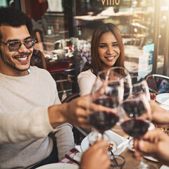 Hands, red wine and happy friends toast for party, new year celebration or event closeup. Alcohol, glasses and people cheers together at social gathering, success or group fine dining at restaurant