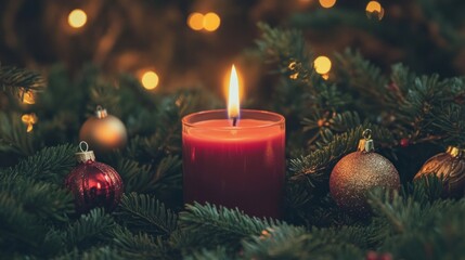 Traditional red Christmas candle burning amid green branches with ornaments. soft light casting cozy glow throughout scene.