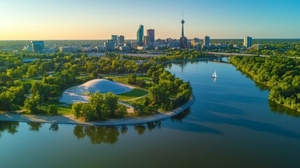 Aerial View of Vibrant Winnipeg Manitoba in Summer Showcasing City Landscapes Parks and Riverways Perfect for Travel and Nature Enthusiasts