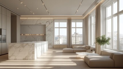 Light Luxury Minimalist Apartment Interior Design with Marble Accents and Expansive Windows Infusing Natural Daylight into Modern Living Spaces