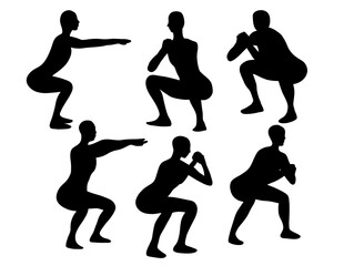Silhouette workout squat person. Fit sport silhouettes. Muscle strength lower body exercise. Set of squat people Silhouette illustration.