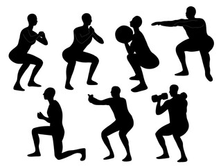 Silhouette workout Squat. Fit sport weight ball barbell exercise silhouettes. Set of weight squat people Silhouette illustration.