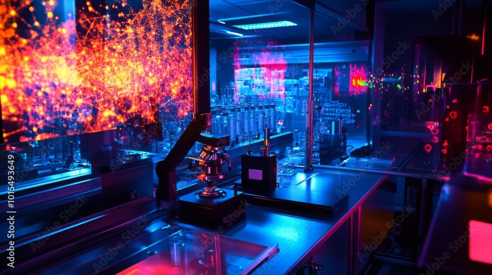 Poster a modern laboratory filled with high-tech equipment illuminated by vibrant digital displays showcasi
