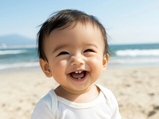asian infant baby boy is playing on the sand at the beach