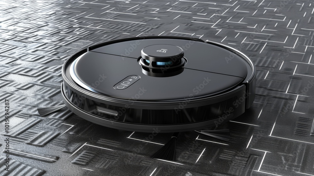 Poster a sleek black robotic vacuum cleaner positioned on a geometric patterned surface, highlighting moder
