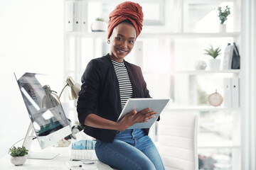 Black woman, tablet and portrait in office with SEO and content creation update on company website....
