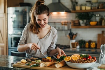 Woman prepares meal at kitchen counter. Focused on ingredients, including fresh fruit, bread, and cutting board. Stainless steel oven, sink, and window with blinds create modern kitchen setting.