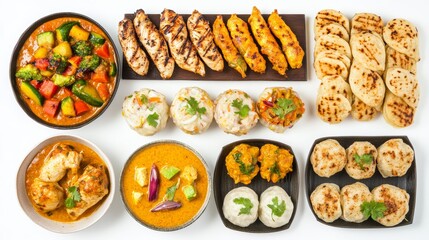 Vibrant Collection of Authentic Indian and Pakistani Dishes Displayed from Above Featuring Chicken Korma Fish Curry Kebabs and Dumplings on White Background