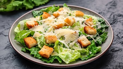 Fresh and Vibrant Caesar Salad Served in a Modern Ceramic Plate on Slate Table Emphasizing Culinary Art and Gourmet Dining Experience
