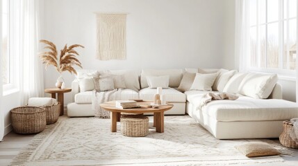 A large, white sectional sofa sits in the center of a spacious living room. The sofa is decorated with a soft blanket and several plush pillows