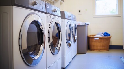 Spacious laundry room interior featuring modern washing machines organized storage basket and efficient dryer setup for optimal home convenience