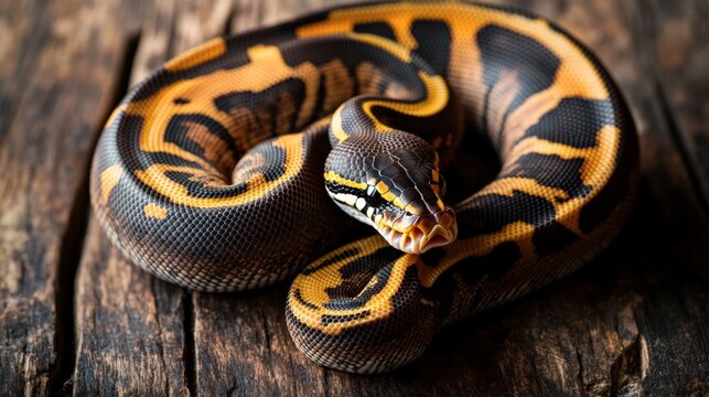 A ball python coiled in a relaxed pose on a wooden surface, showcasing the unique patterns and colors of its skin.