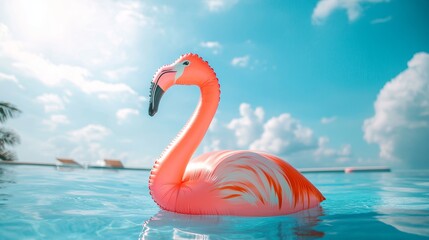 Vibrant pink flamingo float in serene infinity pool under summer sun showcasing fun leisure tropical vibes and relaxing poolside enjoyment
