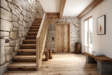 Spacious living room with large window allowing natural to flood space. Stone wall backdrop for wooden staircase leading to wooden door. Warm brown door with window above. Light-colored wood floor,
