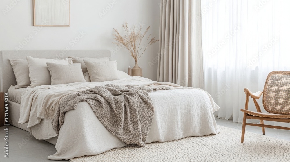 Poster a beautifully arranged bedroom featuring a plush bed adorned with soft pillows and a textured blanke