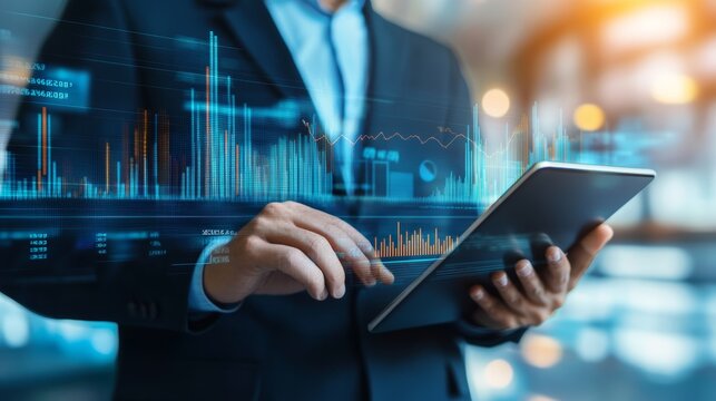 Businessman Analyzing Sales Data and Economic Growth Trends on Tablet for Strategic Planning in Digital Marketing and Stock Market Insights