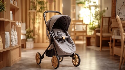 Cozy indoor baby stroller setup showcasing empty space for text perfect for parenting themes child care and modern nursery designs for families
