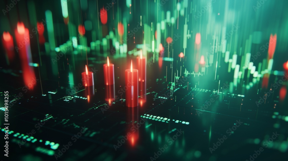 Poster abstract visualization of financial data, featuring red and green candlestick charts, glowing lines,