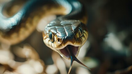 Obraz premium A close-up of a snak forked tongue flicking out, capturing the moment of sensory exploration against a blurred background.