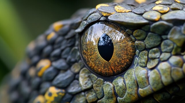 A close-up of a snake's eye, capturing the detailed scale patterns around it and the intense gaze of the reptile.