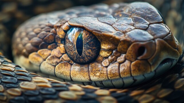 A close-up of a snake's eye, capturing the detailed scale patterns around it and the intense gaze of the reptile.