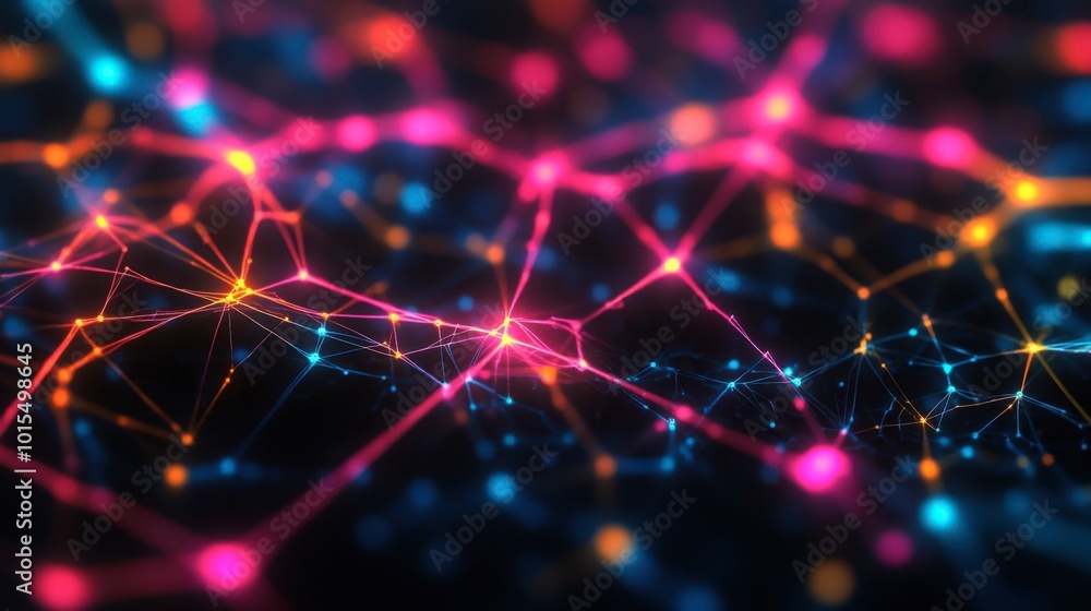 Poster a close-up of glowing lines in neon colors, forming a complex web of connections and pathways agains