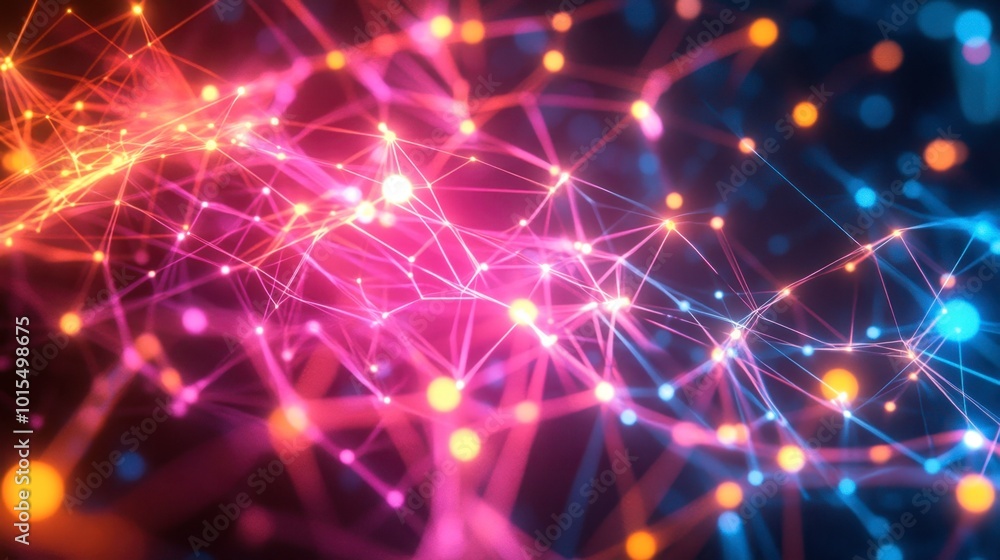 Poster a close-up of glowing lines in neon colors, forming a complex web of connections and pathways agains