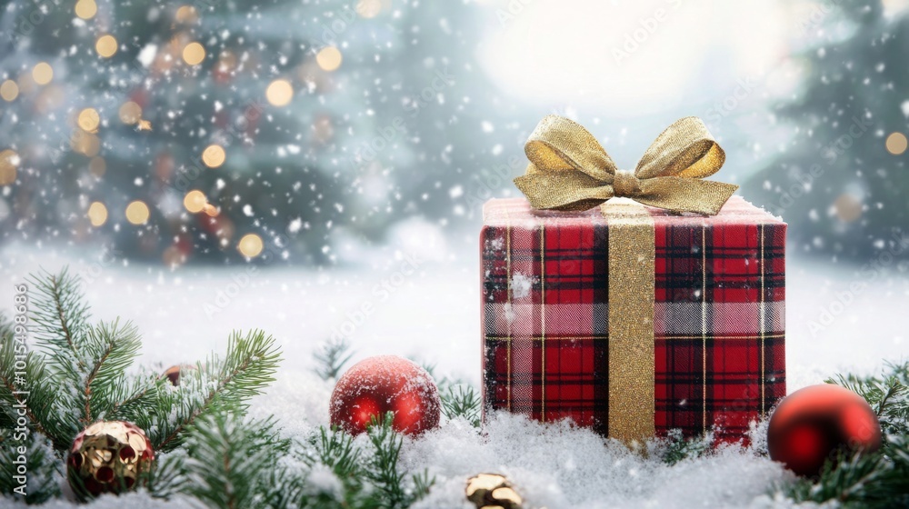 Poster a red gift box wrapped in a red plaid paper is adorned with a golden bow and sits in the snow. the b