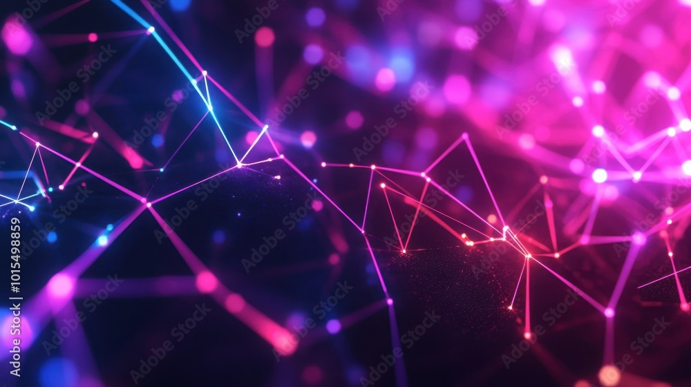 Poster a close-up of glowing lines in neon colors, forming a complex web of connections and pathways agains