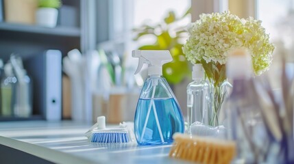 Effective cleaning supplies organized for home and office maintenance promoting a tidy and productive environment with eco-friendly materials and bright surfaces