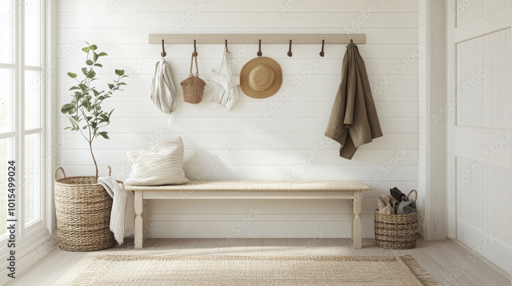 Poster This inviting entryway features a rustic bench with a textured surface, hooks hanging hats and linens, and greenery in baskets, creating a warm and functional space filled with natural light.