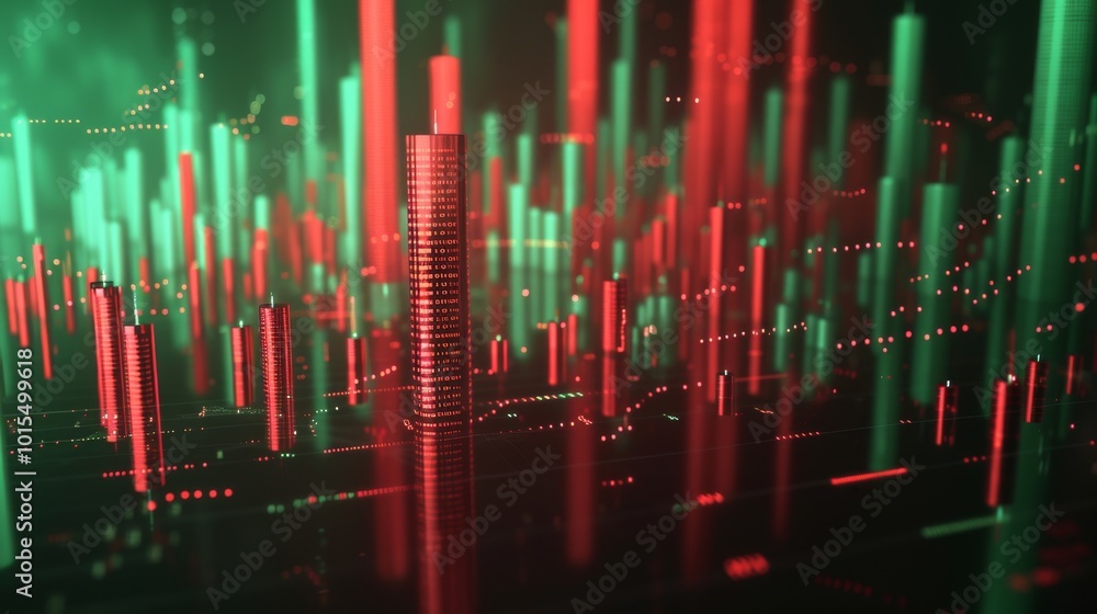 Poster a digital representation of a stock market chart showing fluctuating bars in green and red, symboliz