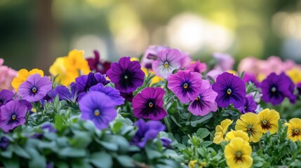 Obraz premium A colorful flower bed filled with petunias and pansies in shades of purple, pink, and yellow, in a springtime park setting.