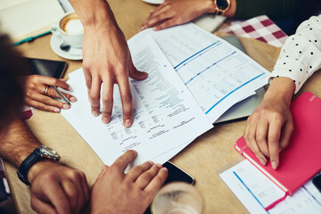 Paperwork, hands and meeting for budget, desk and planning for project, event coordinator and...