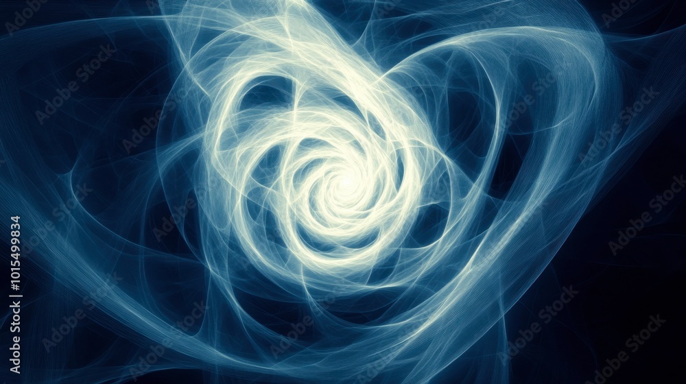 Poster a composition of glowing lines in blue and white, forming a dynamic spiral that appears to move thro