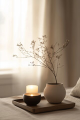 Modern bedroom featuring candles in rustic ceramics and flower branches in ceramic pot on wooden tray. Neutral color interior design, simplicity with earthy charm. Zen and calm still life.