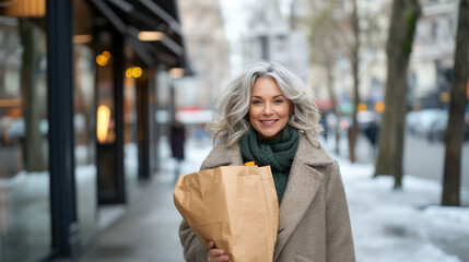the middle age professional educated  lady is walking in the city in classy winter cloth while grocery shopping  in the old european city