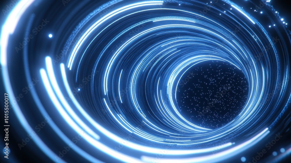 Poster a composition of glowing lines in blue and white, forming a dynamic spiral that appears to move thro