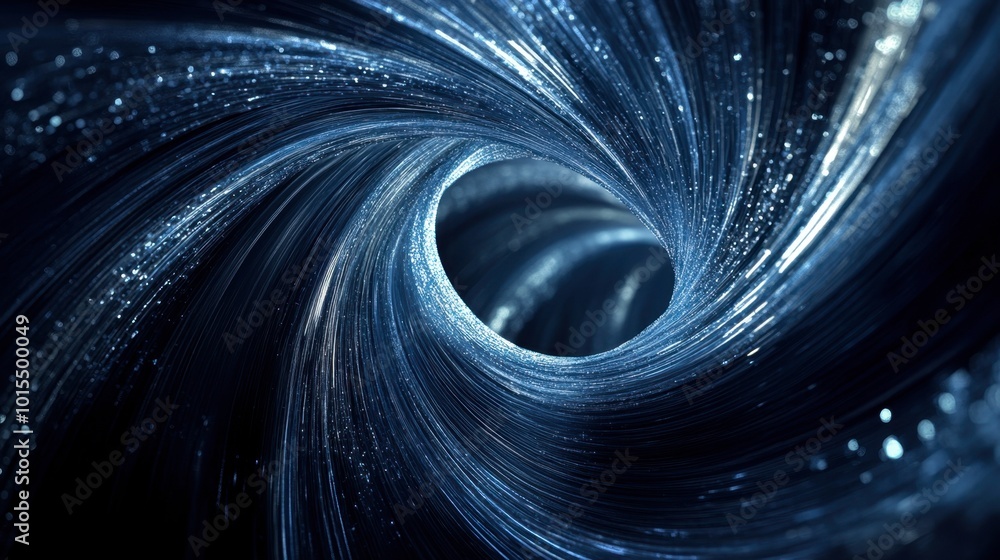 Poster a composition of glowing lines in blue and white, forming a dynamic spiral that appears to move thro