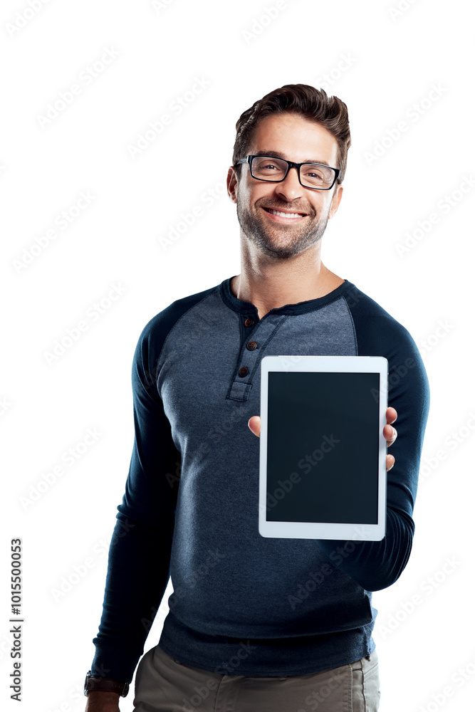 Poster Man, tablet and portrait with screen for digital promotion, announcement and advertisement in studio. Happy, smile and app with networking, connection and social media website with white background