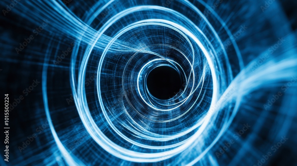 Poster a composition of glowing lines in blue and white, forming a dynamic spiral that appears to move thro